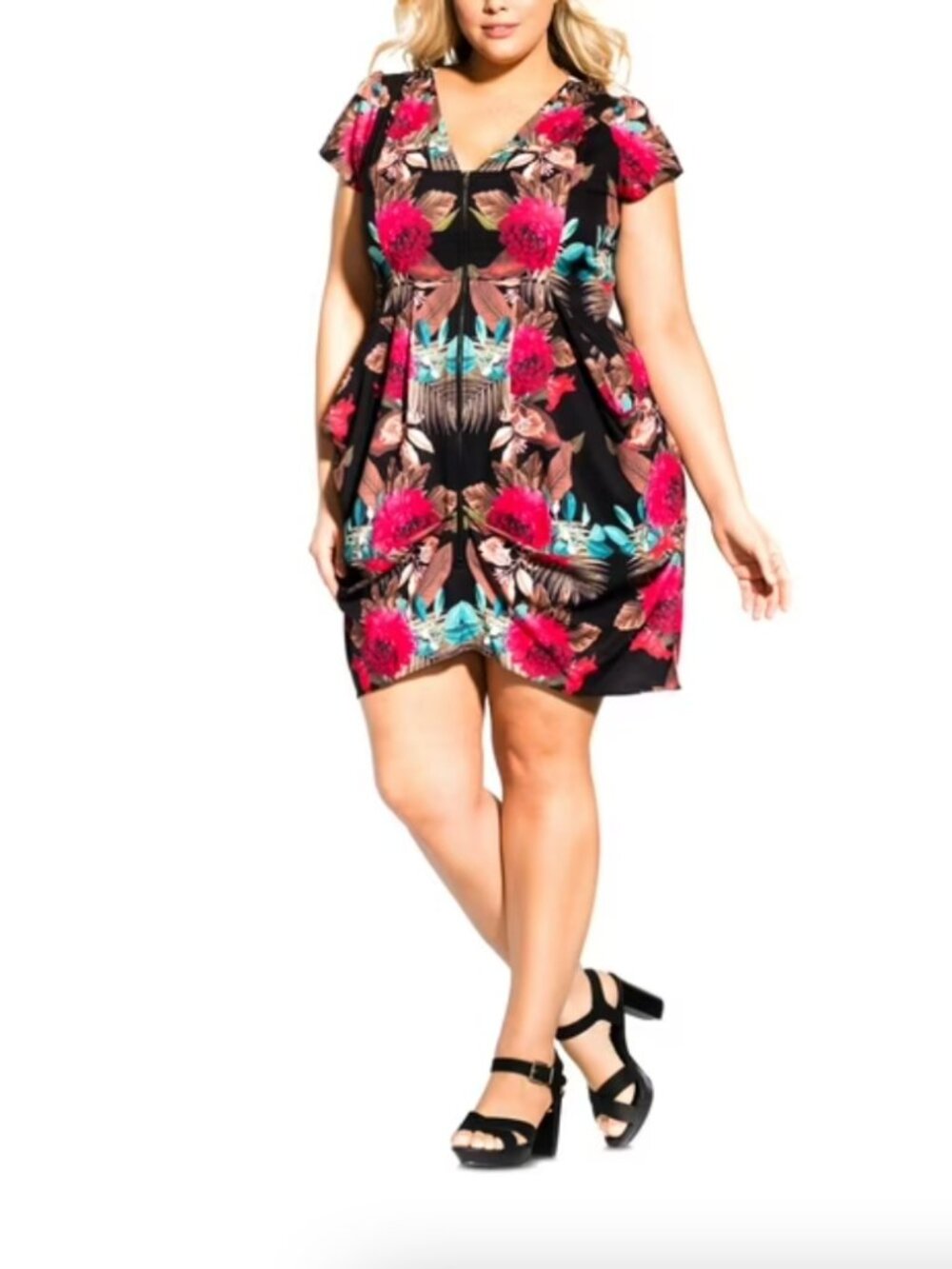 City Chic Woven Tropical Floral Tunic Dress Draped Zip Front Pockets sz 14 XS